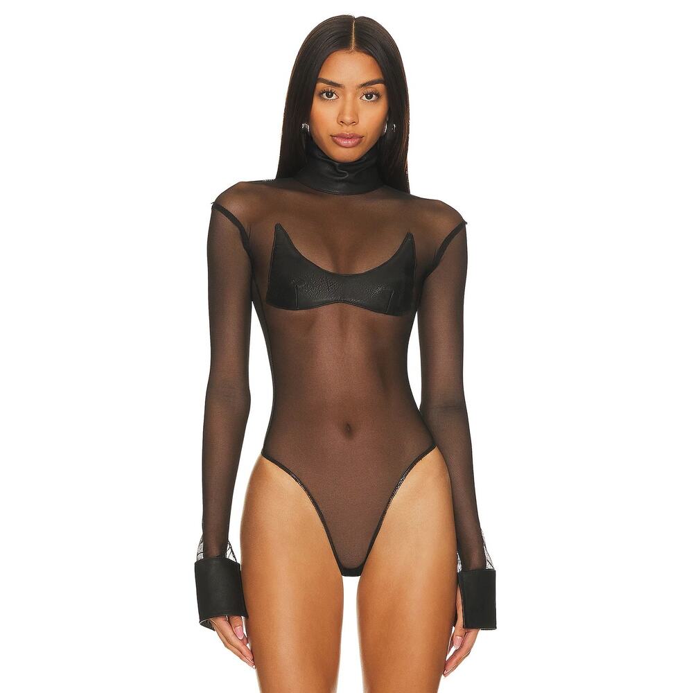 Sami Miro Vintage REVOLVE Mesh Bodysuit Leather Trim Edgy Statement Party Sexy S